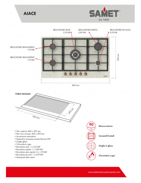 Piano cottura gas 5 fuochi colore avena 90 cm - Aiace