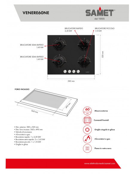 Piano cottura in vetro 4 fuochi colore nero - Venere 60