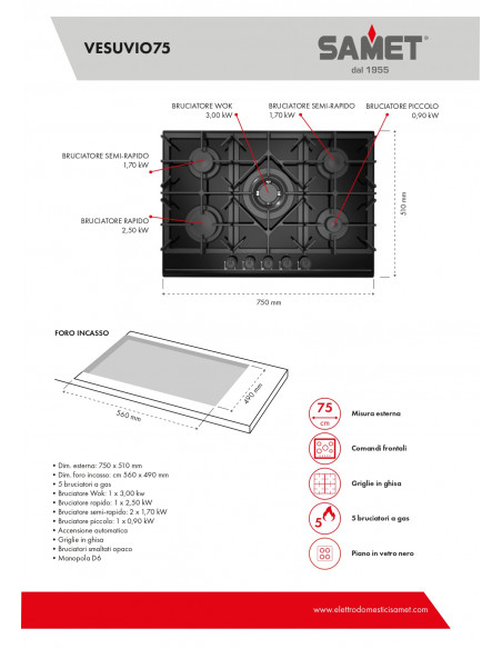 Piano cottura a gas in vetro 75 cm colore nero - Vesuvio