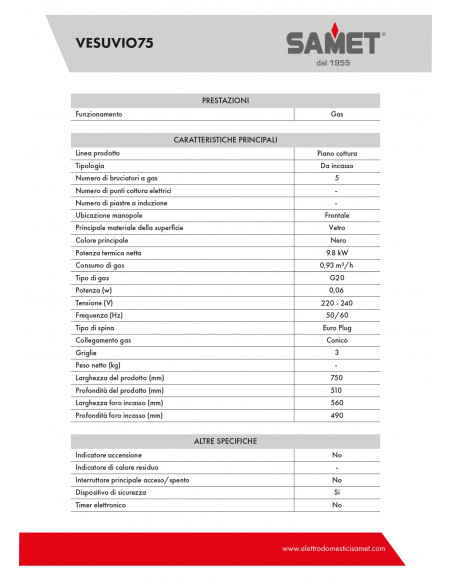 Piano cottura a gas in vetro 75 cm colore nero - Vesuvio