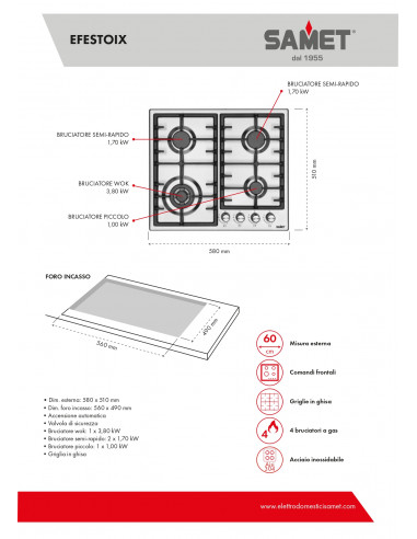 Piano cottura 4 fuochi in acciaio...