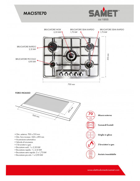 Piano cottura con 5 fuochi in acciaio inox - Maciste 70