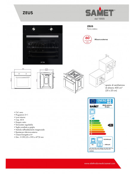 Forno elettrico statico a incasso classe A+ colore nero - Zeus