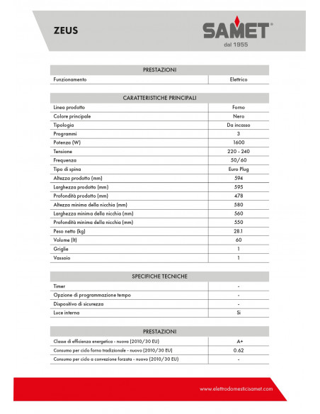 Forno elettrico statico a incasso classe A+ colore nero - Zeus