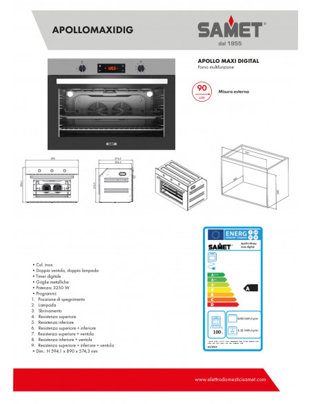 Forno a incasso maxi multifunzione classe A inox 90 cm - Apollo