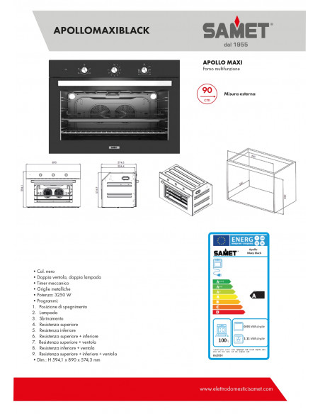 Forno incasso maxi multifunzione nero 90 cm - Apollo