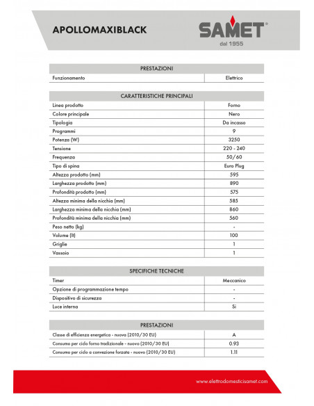 Forno incasso maxi multifunzione nero 90 cm - Apollo