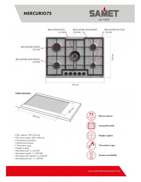 Piano cottura a gas in acciaio inox 75 cm - Mercurio