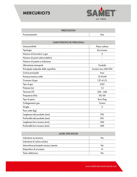 Piano cottura a gas in acciaio inox 75 cm - Mercurio