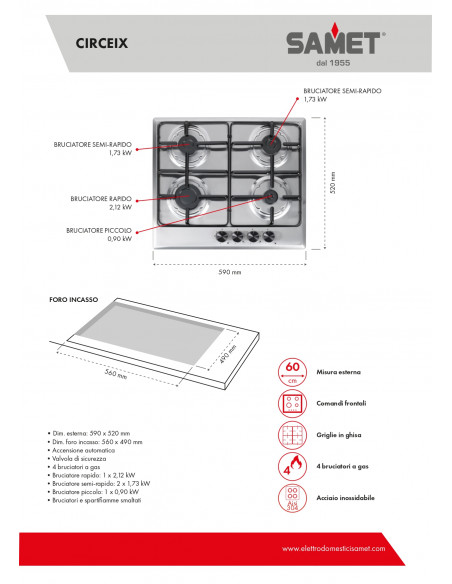 Piano cottura a gas 4 fuochi in acciaio inox colore bianco - Circe