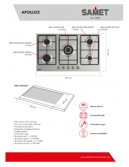 Piano cottura a gas con 5 fuochi acciaio inox 90 cm - Apollo2