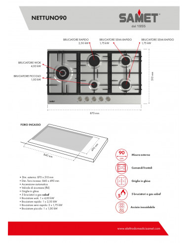 Piano cottura a gas 5 fuochi 90 cm in...