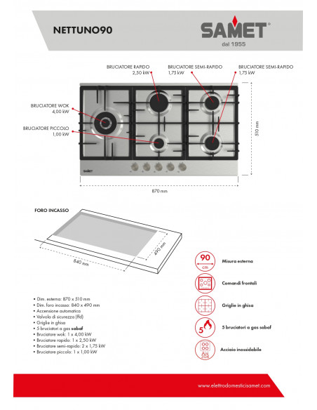 Piano cottura a gas 5 fuochi 90 cm in acciaio inox - Nettuno90