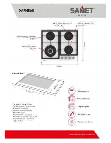 Piano Cottura a gas con 4 fuochi 60...
