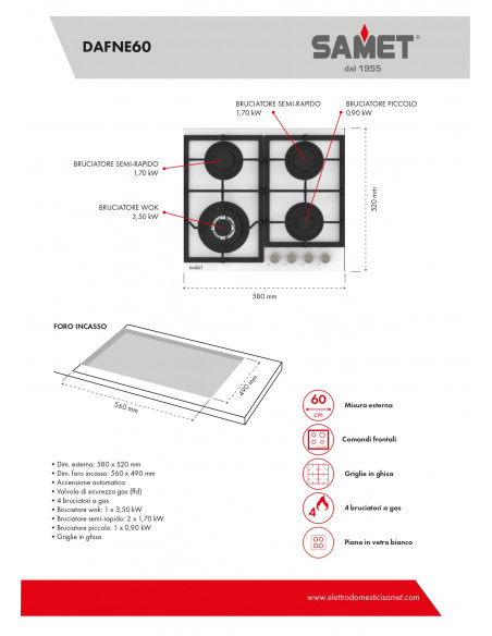 Piano Cottura a gas con 4 fuochi 60 cm in vetro bianco - Dafne 60