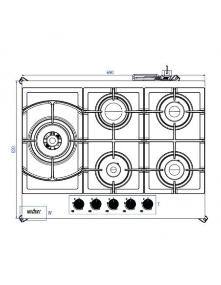 Piano cottura a gas con 5 fuochi 70 cm in vetro bianco - Dafne 70