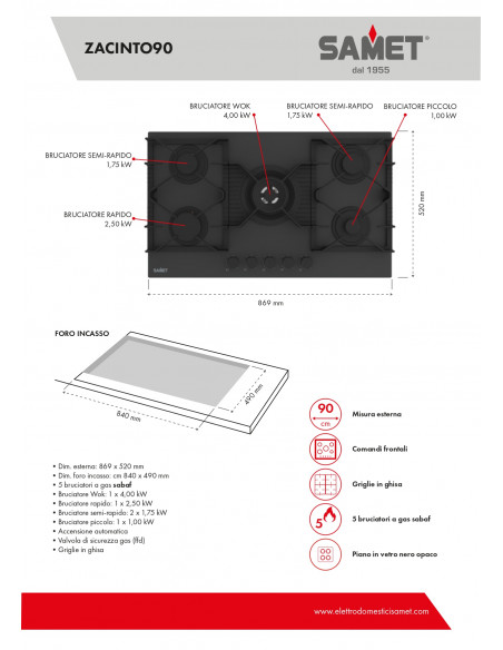 Piano cottura a gas 5 fuochi 90 cm in vetro temperato satinato nero opaco - Zacinto90