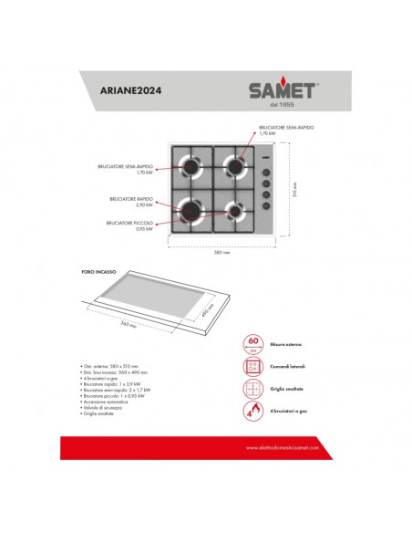 Piano cottura in acciaio inox a gas incasso 4 fuochi - Samet Ariane
