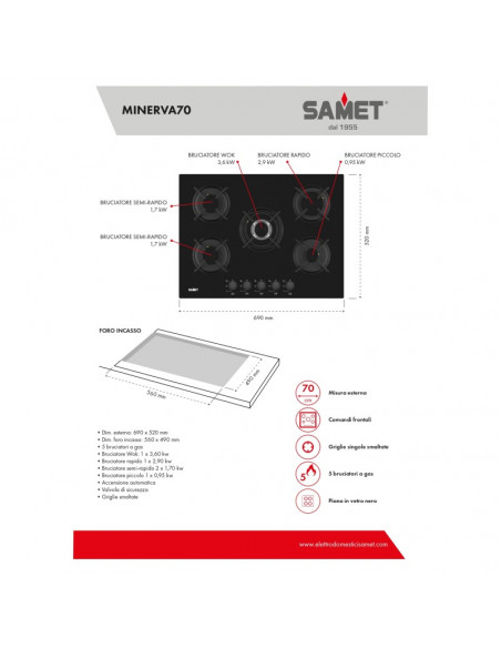 Piano cottura a gas 5 fuochi in vetro nero - Samet Minerva70