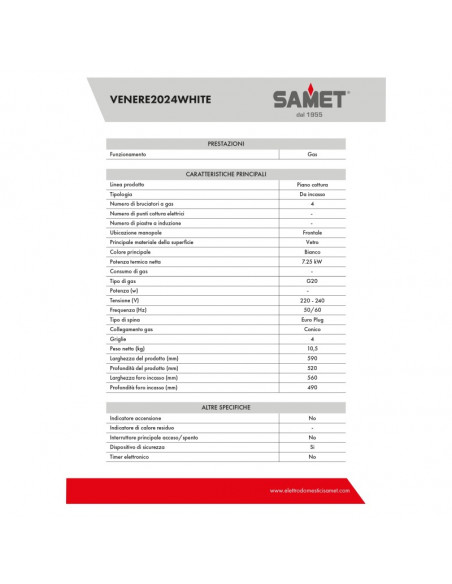 Piano cottura con 4 fuochi a gas in vetro bianco - Samet Venere60