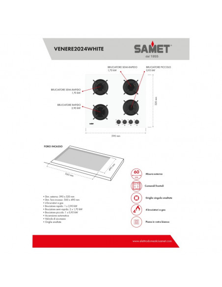 Piano cottura con 4 fuochi a gas in vetro bianco - Samet Venere60