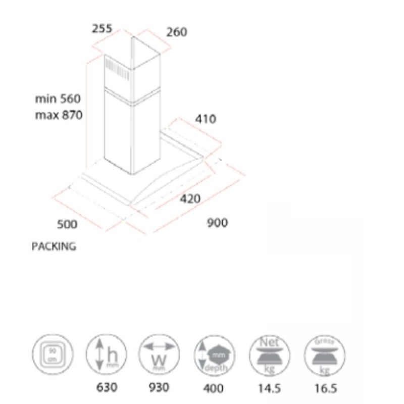 Cappa inox da parete 90 cm cupolino in vetro WETH 90 Samet
