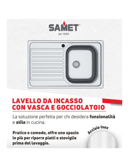 Lavello incasso una vasca e gocciolatoio sinistro 79x50 cm - Classic 273