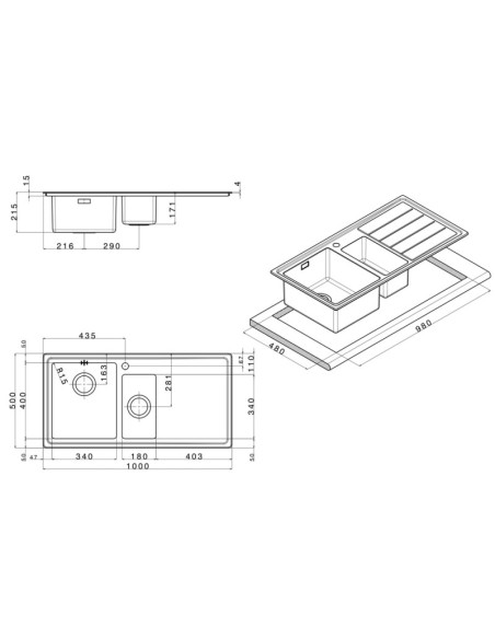 Lavello a incasso 2 vasche e gocciolatoio destro 100x50 cm - SAXT332