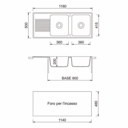 Lavello 2 vasche Granitovero1162vsnep gocciolatoio nero Samet