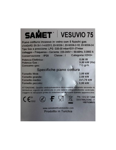 Piano cottura a gas in vetro 75 cm...