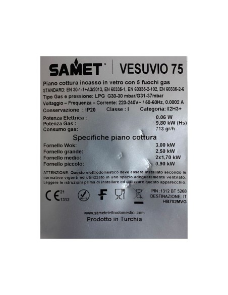 Piano cottura a gas in vetro 75 cm colore nero - Vesuvio