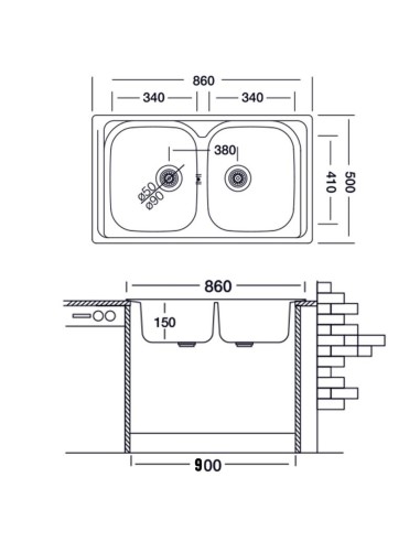 Lavello incasso 2 vasche inox 86x50...