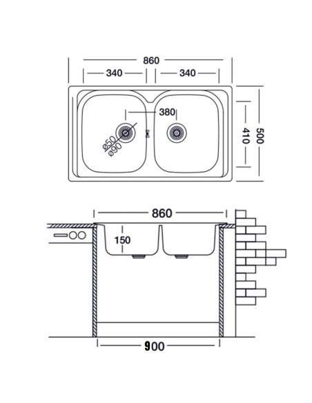 Lavello incasso 2 vasche inox 86x50 cm - Samet SA322
