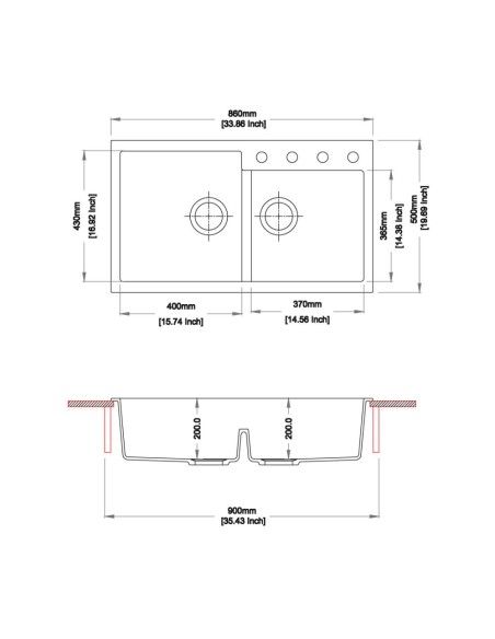 Lavello a 2 vasche incasso colore nero 86 cm - TIP TOE N200
