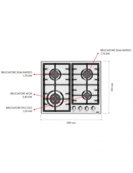 Piano cottura 4 fuochi in acciaio Inox - Efesto