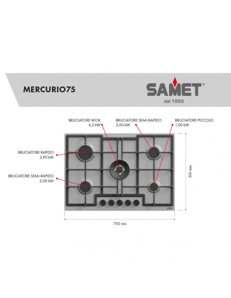 Piano cottura a gas in acciaio inox 75 cm - Mercurio