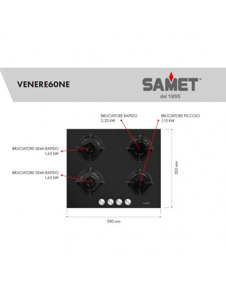 Piano cottura in vetro 4 fuochi colore nero - Venere 60