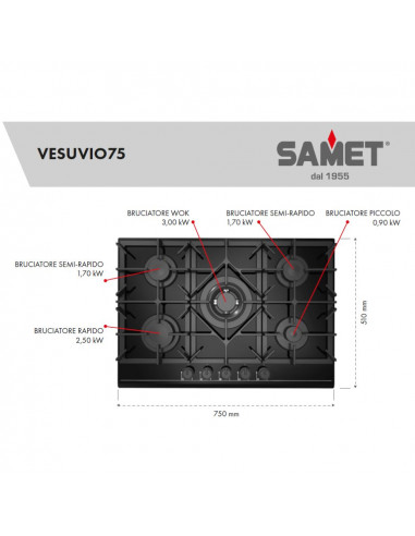 Piano cottura a gas in vetro 75 cm...