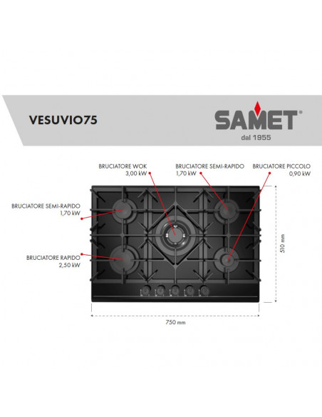 Piano cottura a gas in vetro 75 cm colore nero - Vesuvio